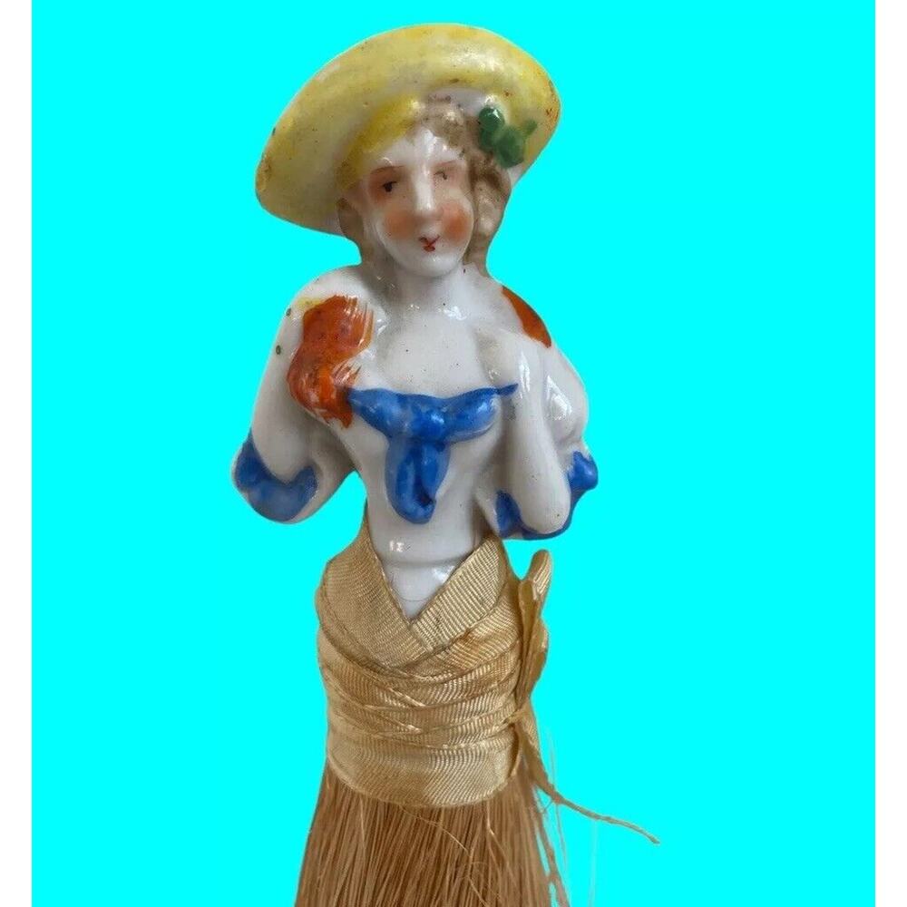 Half Doll Whisk Broom Crumb Brush Japan 8" Yellow Hat Vtg Victorian Porcelain